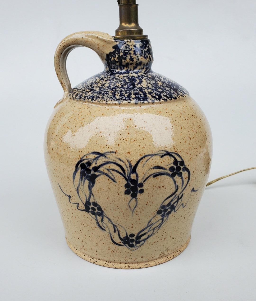 Three Rivers Pottery Stoneware Pottery Jug Lamp Blue Spongeware Top With Decorated Blue