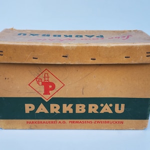 Boîte de rangement vintage en carton pour bière Parkbrau - Caisse originale de 10 bouteilles - Pirmasens Zweibrucken - Ancienne caisse de bouteilles de bière allemande - Juillet 1973