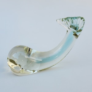 Art Glass Hand Made Whale Figure - Clear Glass With Blue Internal Coloration - Crimped Tail Up Design - Nautical Design - 6&quot;