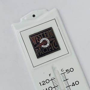 Vintage Western Pacific Feather Rover Route Railroad Metal Advertising Thermometer Wall Hanger - Very Nice - 13&quot;