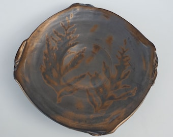 Pat Royce Seattle Studio Potter Large Decorated Wall Charger - Large Bronze Leaf Decoration Over Black Charcoal Glaze - 10"