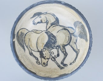 Sylvia Clise Duryee Northwest Studio Pottery Footed Bowl - Mid Century Style Decorated Horse Design - Student of Paul Bonifas - Circa 1957