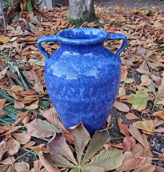 Huge Brush McCoy Blue Onyx Handled Floor Vase Oil jar - Glossy Blue With White Drip Glaze - Large Handles - Ohio Pottery - 18.5"