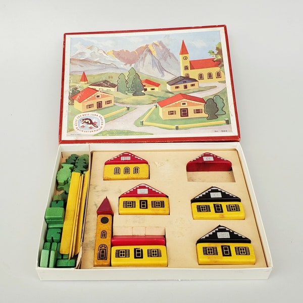 Vintage Wooden Block House Building Block Set - France - Avec Les Bois Jura Castor Batir Est Un Plaisir - Wooden House Tree Fence Toy Set