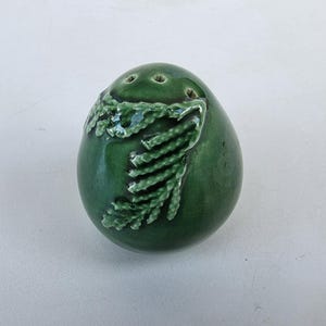 May include: A dark green ceramic salt or pepper shaker shaped like an egg. The surface features a glossy finish and a raised, textured relief of a fern or pine branch design on the front. Three small holes are visible at the top of the object.