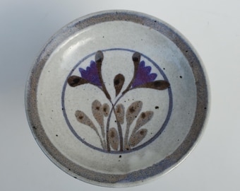 John Fassbinder Studio Pottery Decorated Compote Vase - Abstract Purple Floral Design - Scripps College Claremont - California Pottery - MCM
