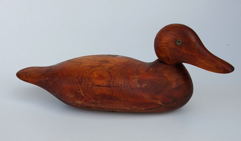 Old Hand Crafted Solid Wood Decoy Weighted Bead Base Vintage Hand Carved Wooden Mallard Duck Decoy Glass Beaded Eyes