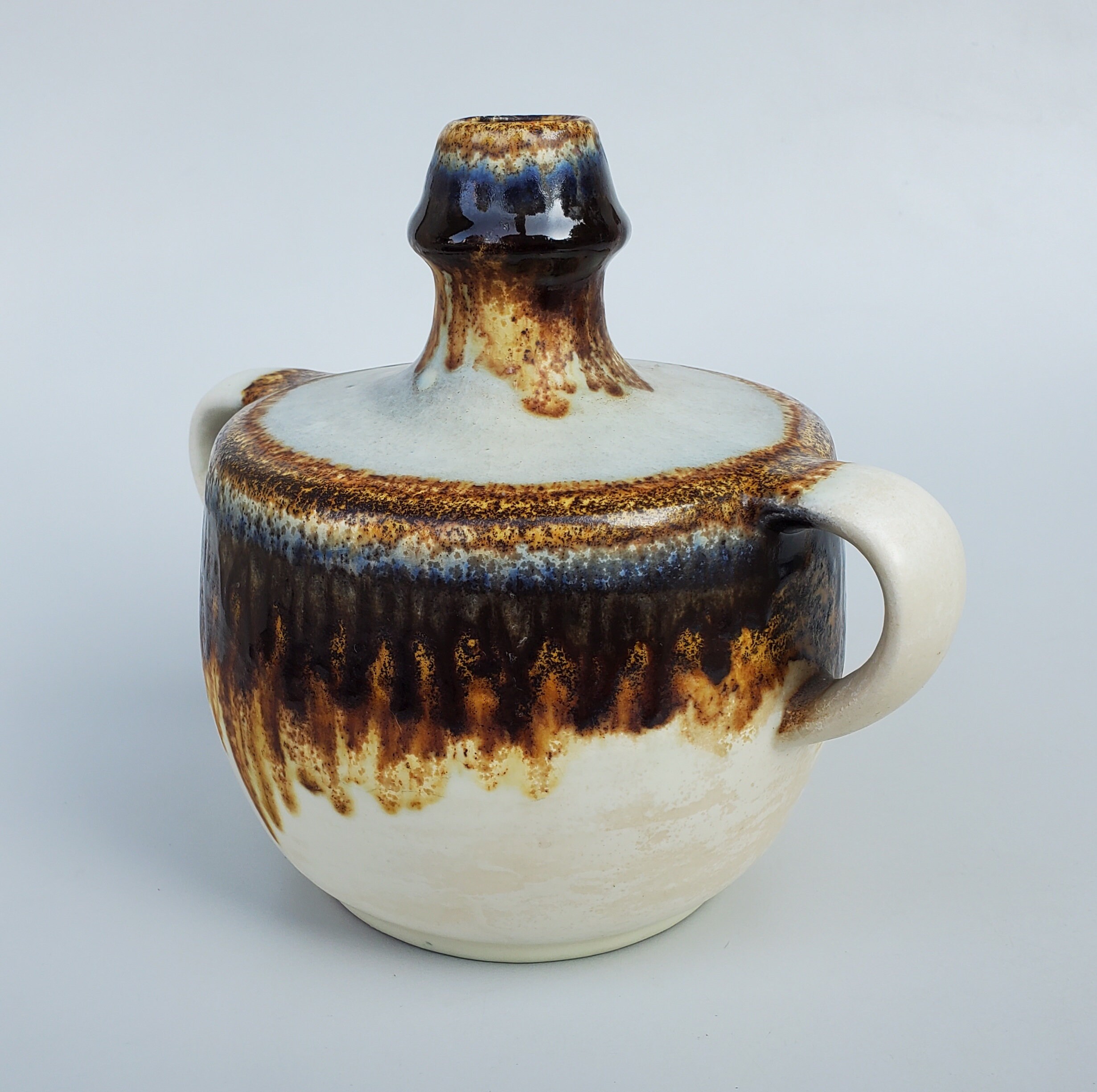 Mid Century Era Handled Drip Glaze Pottery Vase - Brown Drip Glaze Over ...