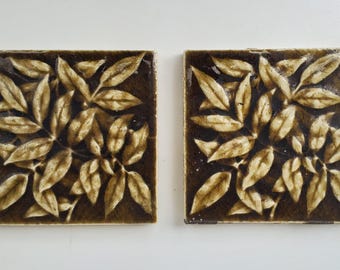 Antique Majolica Pottery Tiles: Leaf Design, Providential Tile Works