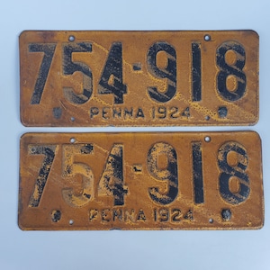 1924 Pennsylvania Antique License Plate Matching Set of 2 - Original Yellow Finish - Black Lettering - Steel Plates - 1924 Penna - 754-918