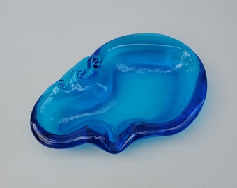 Blue Art Glass Biomorphic Cast Glass Ashtray - Rainbow Art Glass - Mid Century Style - Unique Swirl Design - 8"