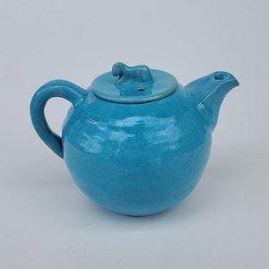 Clem Hull Hand Made Art Pottery Tea Pot - Sante Fe New Mexico Era 1938 to 1942 - Blue High Glaze With Lamb Finial - 5.25"
