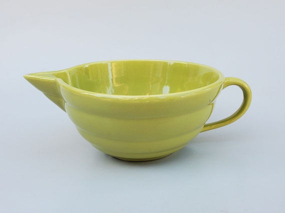 Bauer Pottery Large Batter Mixing Bowl Loop Handled Ringware Design  Chartreuse Color Modern Design 