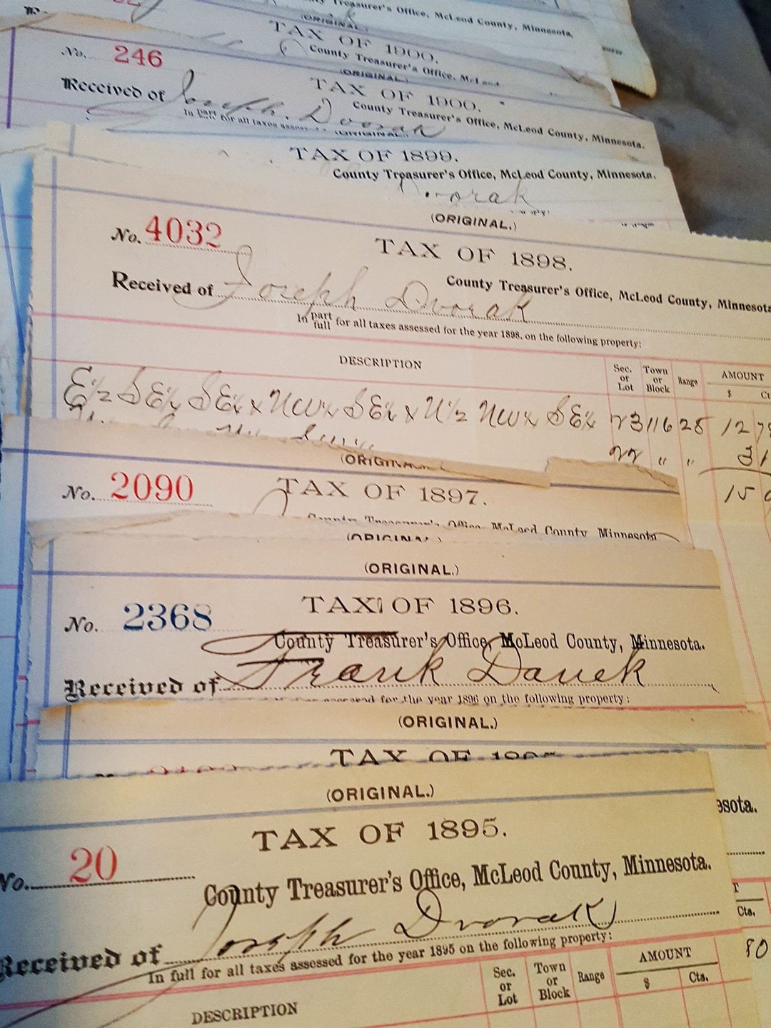 Mcleod County Minnesota Treasurers Office Tax Receipts From 1873 1939