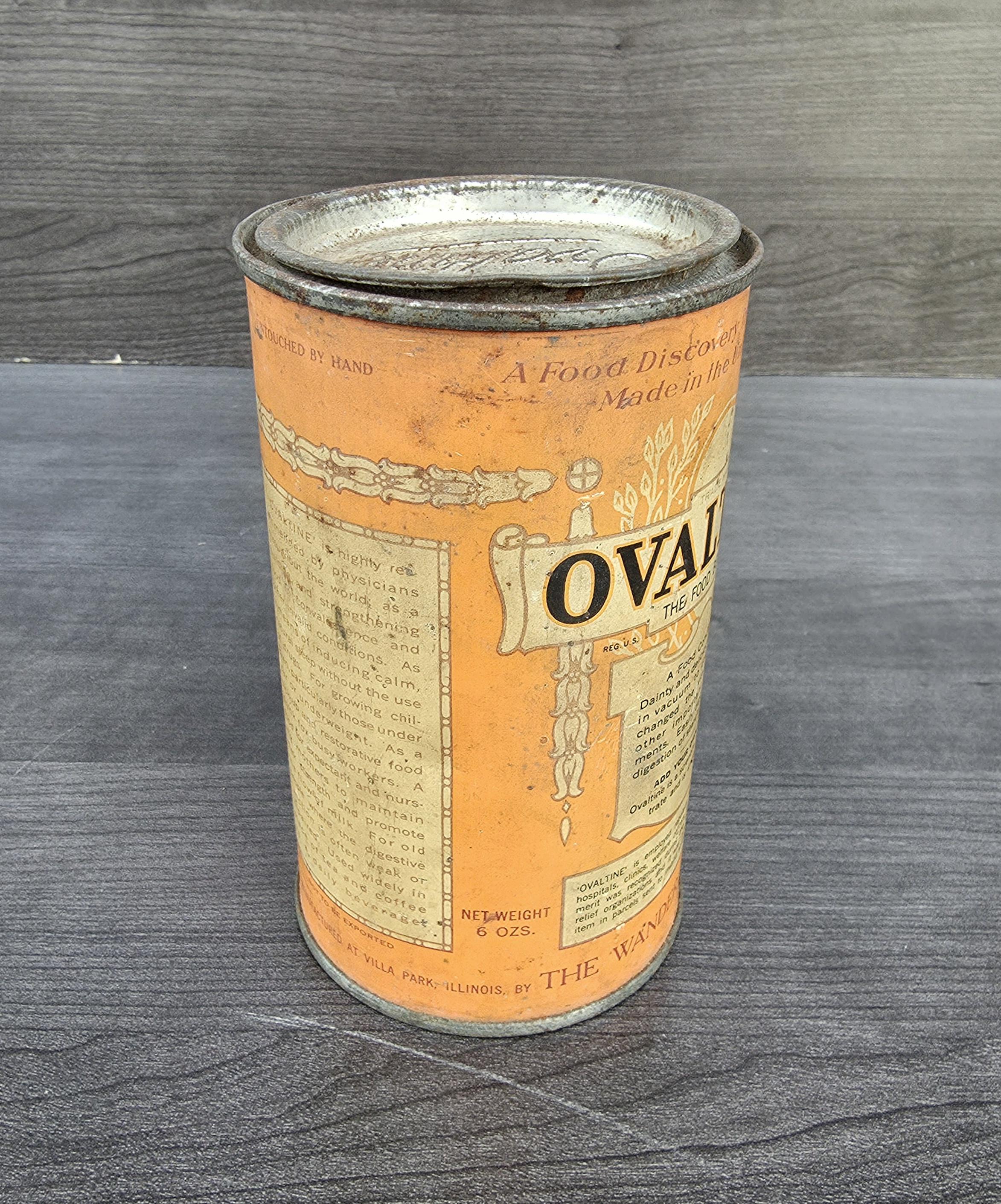 Antique Ovaltine Tin Can With Embossed Lid - 1921- 6 Ounce Tin