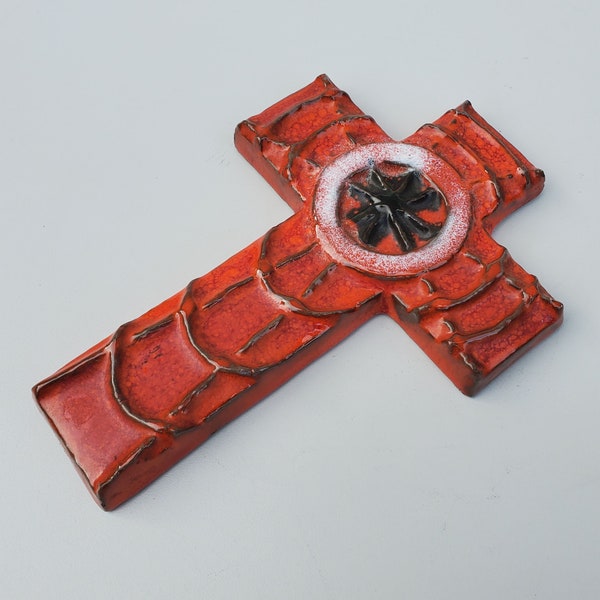 Mid Century Era Orange Ceramic Religious Cross - Raised Spider Web Type Design - German Or Danish Design
