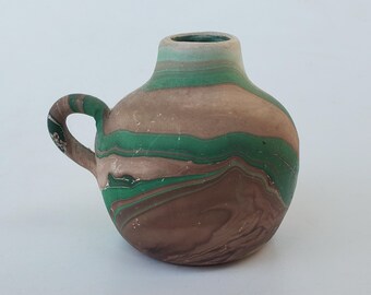 Nemadji Indian Pottery Miniature Swirl Handled Mini Jug - Green And Brown Tones - Garden of The Gods - Eric Hellman Designer - Montana 3.25&quot;