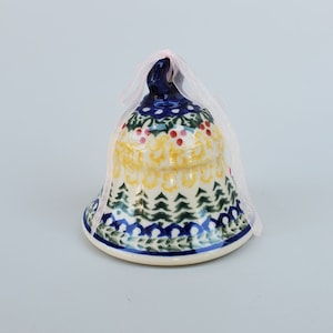 Boleslawiec Polish Pottery Christmas Bell - Holly Berry Design With Green Christmas Trees - Ribbon Bell Hanger - 3&quot;