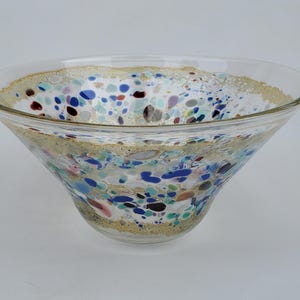 M Rhys Williams California Art Glass - Hand Blown Colorful MCM Confetti Bowl - Flaring Bowl - Blue Tones - Dated 1999 - 8&quot;
