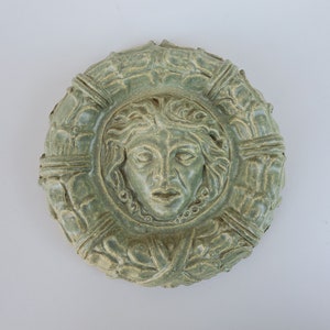 Boston Valley Terra Cotta Hand Carved Figural Woman Face Tile - Green Glaze - Ornamental Carved Wreath Border - Figural Face Design - 6"