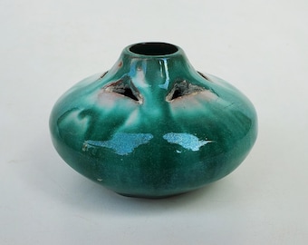 Hand Carved Reticulated Pottery Vase: Green Drip Glaze, Snake River Pottery - Nice!
