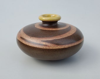 Upsula Ekeby Pottery Vase Designed By Anna Lisa Thompson - Shape 378 - Natural Dark Brown Glaze - Yellow Rim - Swedish MCM Pottery - 5.25"