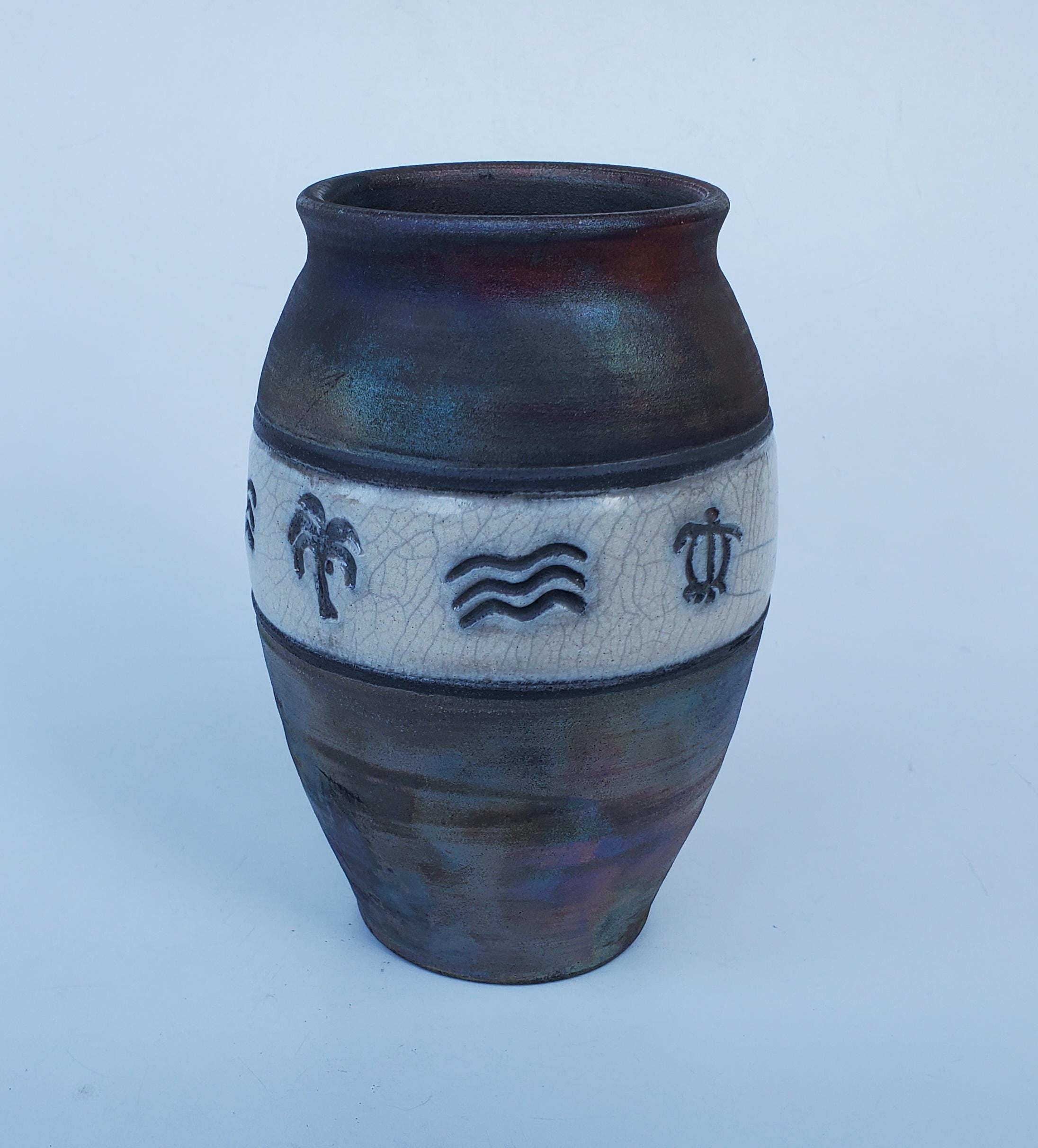 Christopher Matti Raku Fired Petroglyph Vase - Turtle - Sea