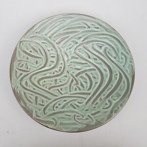 Matthew Patton Decorated Studio Pottery Wall Art Bowl - Freeform Slip Decoration Surface  Design - Northwest Pottery - Celadon Glaze - 13"