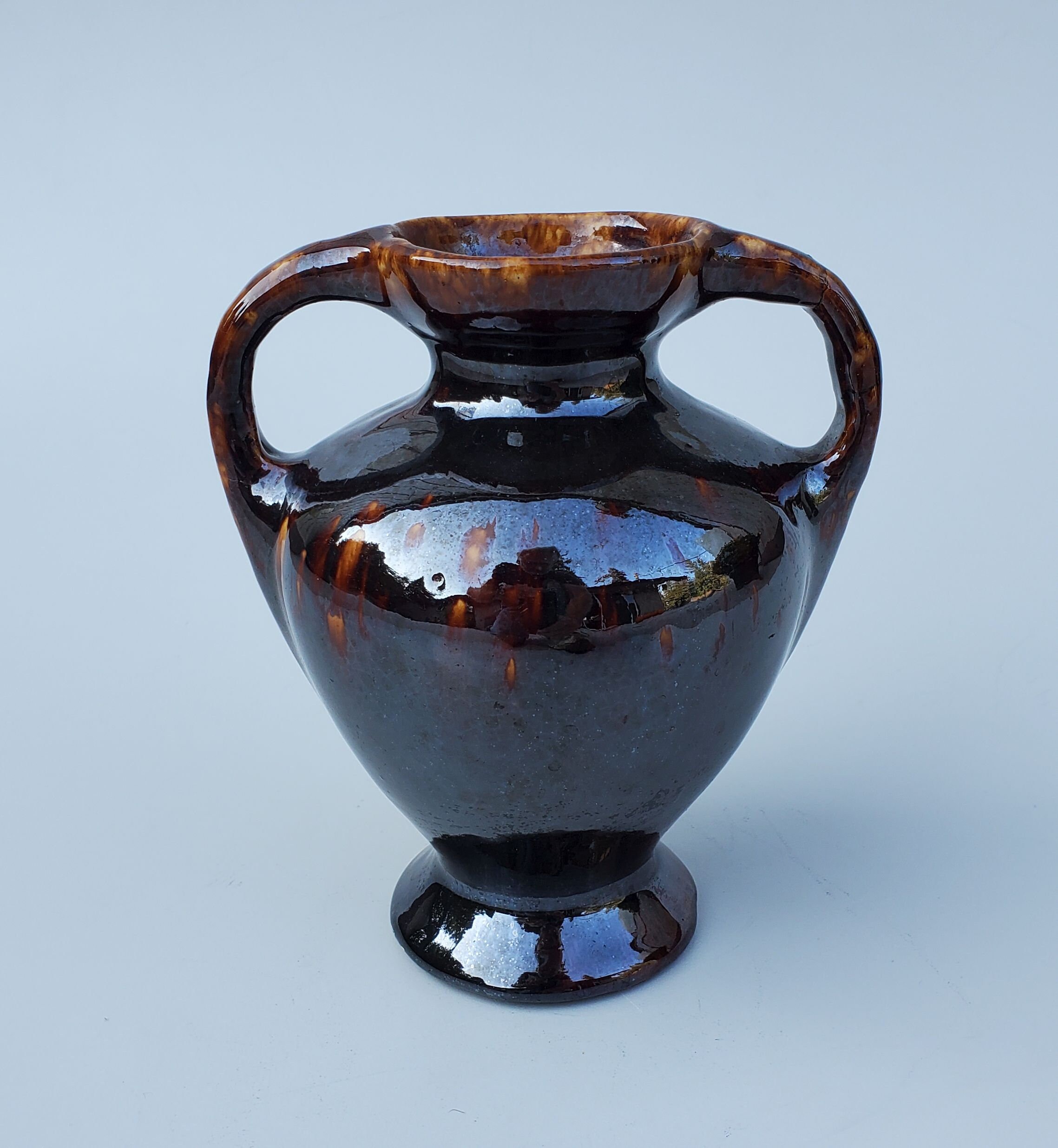 Antique Bennington Rockingham Double Handled Pottery Vase - Dark Brown ...