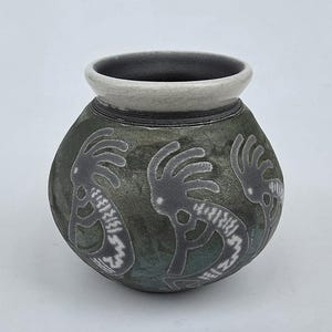 Jeremy Diller - Kokopeli Indian Dancer Design Pottery Vase - Raku Fired Iridescent Purple And Bronze Finish - 5"