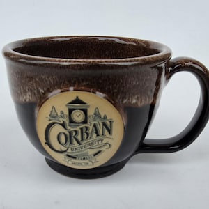 Corban University Salem Oregon Coffee Mug - Made By Deneen Pottery - Clock Tower Design - Dark Brown Glossy Glaze - 14oz