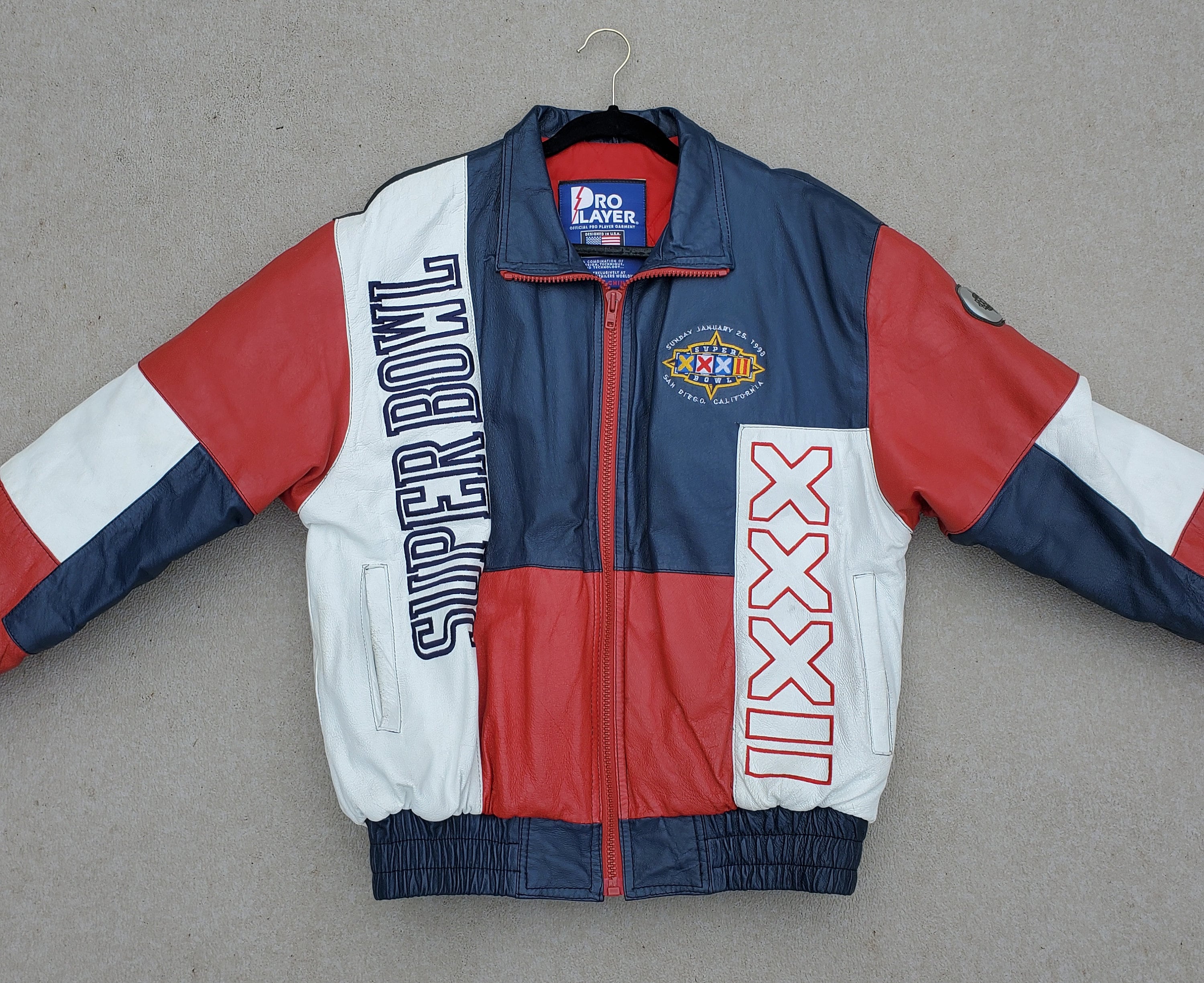 Super Bowl XXXII Leather Jacket - Red White Blue Leather - 1998