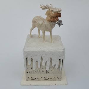 Dee Foust for Bethany Lowe Christmas Decoration Paper Mache Glitter Reindeer Candy Box - Snow Covered Mica Box Victorian Style Xmas - 8.25"
