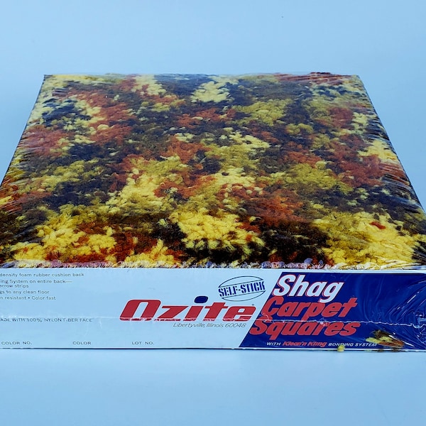 Vintage Ozite Shag Carpet Squares - Fancy Step Golden Glow Pattern - New Old Stock - Late 1960's Mid Century Era - 12" x 12" - Sealed Box