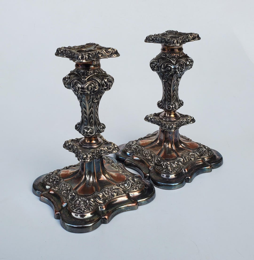 Antique Barker Ellis English Silverplated Candlesticks - Ornate