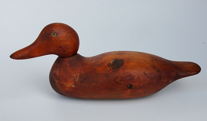 Old Hand Crafted Solid Wood Decoy Weighted Bead Base Vintage Hand Carved Wooden Mallard Duck Decoy Glass Beaded Eyes