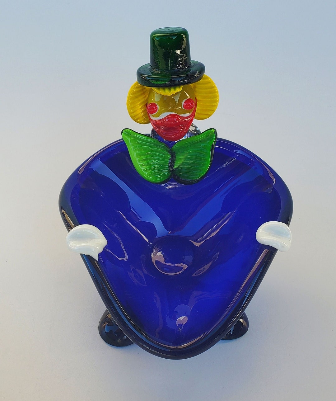 Vintage Murano Glass Clown Ashtray Dish Deep Blue Coloration Yellow