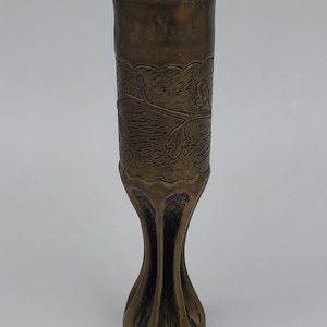 Antique Trench Art Brass Shell Vase - Hammered Oak Leaf And Acorn Design - World War 1 Era - St Mihiel France Battle Sector - WW1 - 13.25&quot;