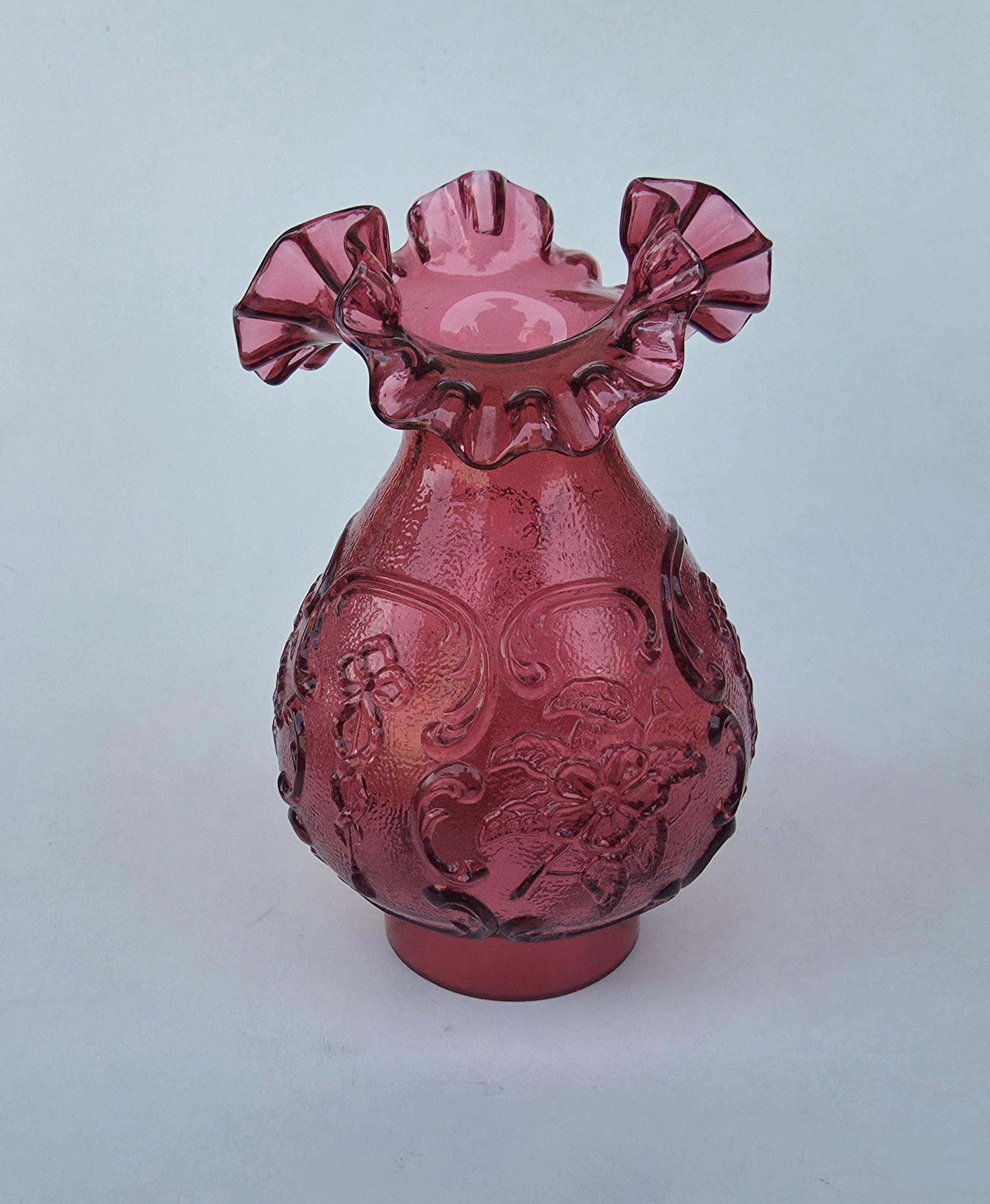 Fenton Art Glass Wild Rose Cranberry Lamp Shade - Ruffled Rim