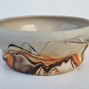 Nemadji Pottery Large Art Pottery Bowl - Orange And Black Swirl Tones - Old Native Clay Ink Mark - Loop Handle Design - 9"