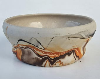 Nemadji Pottery Large Art Pottery Bowl - Orange And Black Swirl Tones - Old Native Clay Ink Mark - Loop Handle Design - 9"
