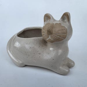 May include: A ceramic cat-shaped planter with a speckled light beige finish. The cat is in a reclining position with its head turned forward, featuring a darker tan face with etched whiskers and nose details. The hollow opening is on the back.