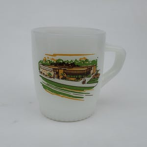 1969 Fire King Novelty Coffee Mug - Comanche National Bank Texas - 1869 - 1969 Commemorative 80th Year Cup - Anchor Hocking - USA - 3.5&quot;