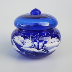 Fenton Art Glass Winter Wonderland White Birch Tree Design Lidded Jar - Cobalt Blue Glass - Artist Signed B Duggan - QVC 2004 Issue - 4.5&quot;