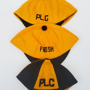 Early Pacific Lutheran College PLC Yellow and Black Old Pep Caps - 1 Early Frosh Cap - 2 PLC Caps - Early Pacific Lutheran College Hats