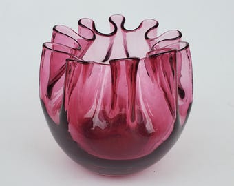 Pilgrim Art Glass Flower Arranger Vase - Fancy Ribbon Edge Design - Cranberry Color - 5.5"