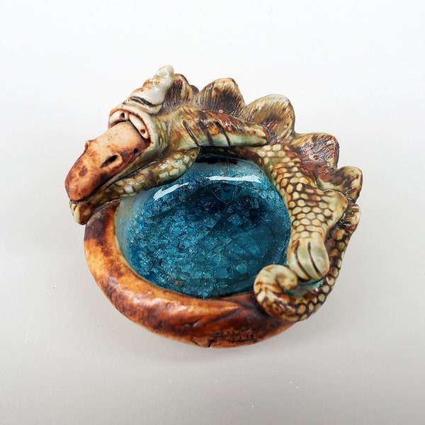 Wild Earth Pottery Dragon Trinket Dish - Blue Crackle Glaze Interior - Hand Formed Dragon Serpent On A Mini Pond Design