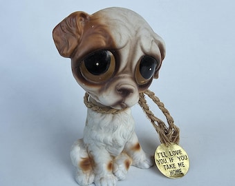 Enesco Vintage Sad Eyes Pitty Puppy Ceramic Statue - With I'll Love You If You Take Me Home Gold Tag - Big Brown Eyes - Margaret Keane Style