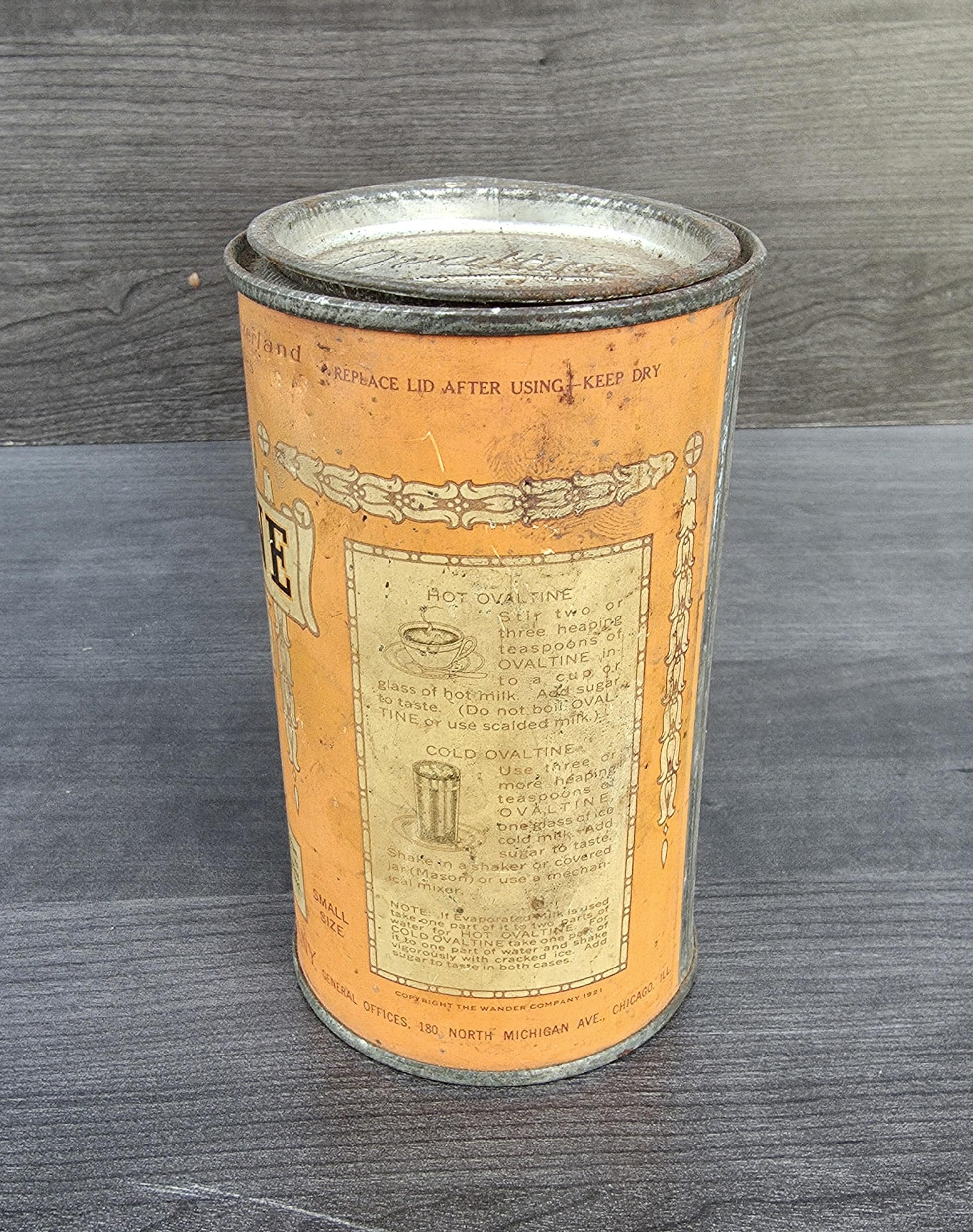 Antique Ovaltine Tin Can With Embossed Lid - 1921- 6 Ounce Tin