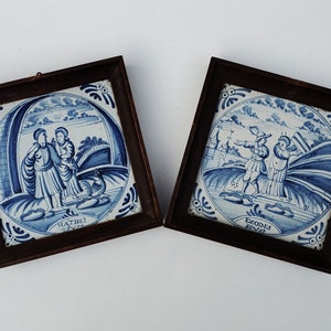 Antique Dutch Pottery Tile Set - Delft Blue Biblical Scenes - Exodes 32 - Mathew 26 - Early Delft Tile Set of 2 Tiles - 6x6